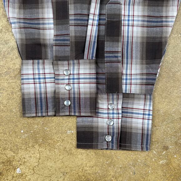 Ely Cattleman Plaid Western Pearl Snap Shirt Men’s Large Brown Cream Blue Red - Picture 5 of 11